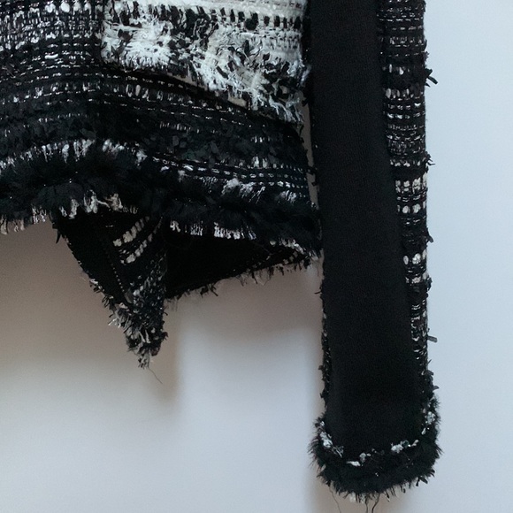Mcginn Black White Tweed Boucle Metallic Moto Crop Fray Raw Edge Blazer Jacket - Picture 9 of 16